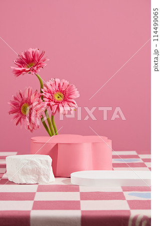 Photography for advertising with blank platform for featuring product which has natural ingredient like gerbera daisy flower. Empty space for adding text or design elements 114499065