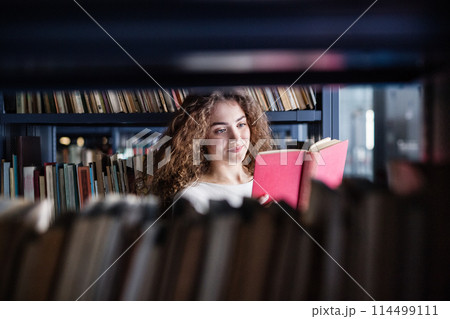 Female student in library, looking for books, preparing for final exam. 114499111