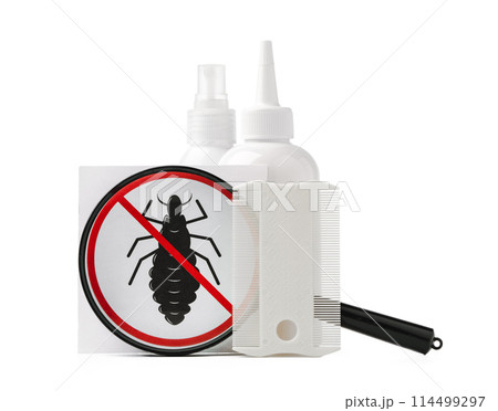 Cosmetic products, lice comb and magnifying glass isolated on white 114499297