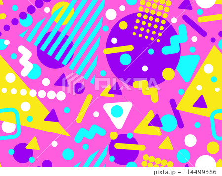 Memphis seamless pattern with geometric shapes in 80s and 90s style. Geometric shapes of different shapes and colors. Design of promotional products, wrapping paper and printing. Vector illustration Memphis seamless pattern with geometric shapes in 80s and 90s style. Geometric shapes of different shapes and colors. Design of promotional products, wrapping paper and printing. Vector illustration 114499386