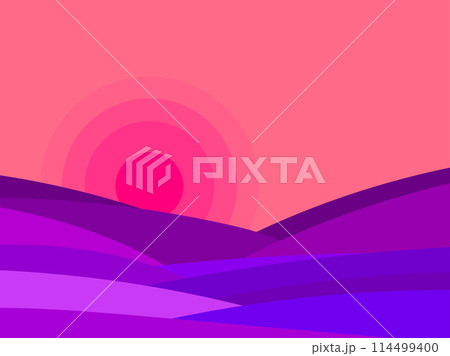 Wavy landscape at sunset in minimalist boho style. Desert wavy landscape with dunes and sun. View of the hills. Design for printing banners, posters, book covers. Vector illustration 114499400