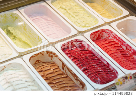 Colorful Assortment of Gelato Flavors in a Display Case at an Italian Ice Cream Shop Colorful Assortment of Gelato Flavors in a Display Case at an Italian Ice Cream Shop 114499828
