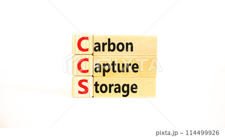 CCS Carbon capture storage symbol. Concept words CCS Carbon capture storage on beautiful wooden blocks. Beautiful white background. Business ecological Carbon capture storage concept. Copy space. 114499926