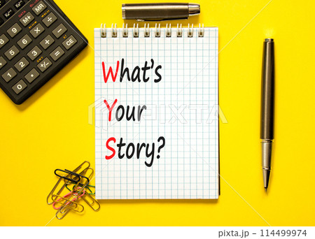Storytelling and what is your story symbol. Concept words What is your story on beautiful white note. Beautiful yellow background. Business storytelling what is your story concept. Copy space. 114499974