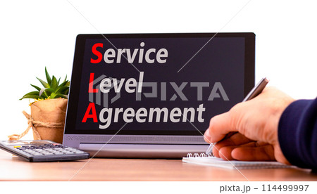 SLA service level agreement symbol. Concept words SLA service level agreement on beautiful black tablet. Beautiful white background. Business SLA service level agreement concept. Copy space. 114499997
