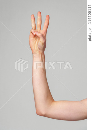 Hand Gesturing Number Three Against a Plain Background in Natural Light Hand Gesturing Number Three Against a Plain Background in Natural Light 114500112