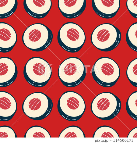 seamless pattern japanese traditional food, rolls, sushi, cartoon style on red background 114500173