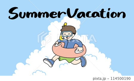 夏休みのカリグラフィと海で遊ぶ子どものイラスト 夏休みのカリグラフィと海で遊ぶ子どものイラスト 114500190