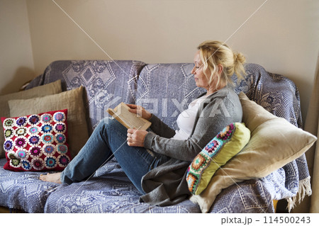 Beautiful mature woman reading book, feeling cozy and happy. Weekend activity for older woman, relaxing at home. 114500243