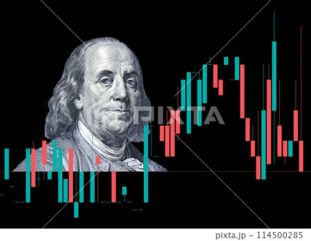 Benjamin Franklin portrait from american dollars against the graph rate chart Benjamin Franklin portrait from american dollars against the graph rate chart 114500285