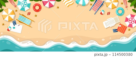 Cartoon beach top view. Summer sea landscape with sand and umbrellas, ocean water and sun, vacation and relaxation. Vector background 114500380