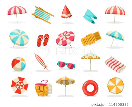 Beach accessories. Tropical summer vacation elements, sea holiday items for summer tourism, surfing swimming vacation. Vector isolated set 114500385