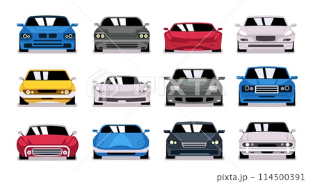 Urban car front. Frontal view of modern sedan vehicle, car front auto parts icon, various vehicle flat cartoon taxi cab. Vector isolated set 114500391