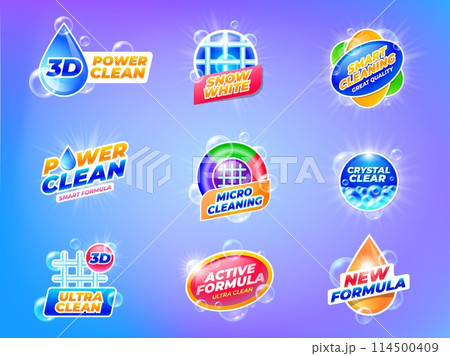 Laundry disinfectant emblems. Washing gel and powder detergent for clothes label template, cleaning and hygiene products, laundry soap with bubbles. Vector set 114500409