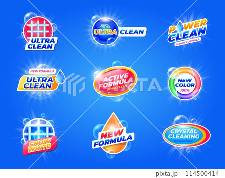 Laundry detergent label. Washing powder emblem package with bubbles, soap and stain remover, laundry care product with antibacterial formula. Vector set 114500414