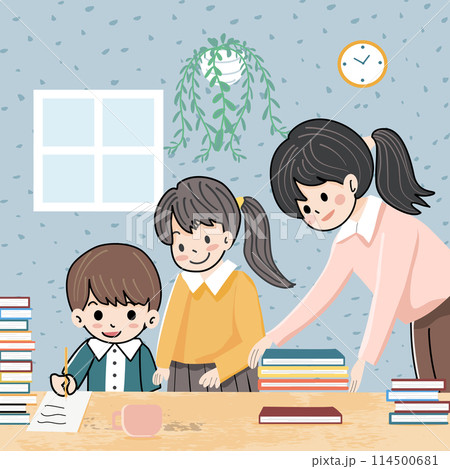 Mother help children doing homework at home....のイラスト素材 [114500681] - PIXTA