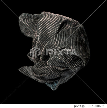 Silver drape fabric flying in curve shape, Piece of textile Silver drape fabric throw fall in air. Black background isolated motion blur 114500693
