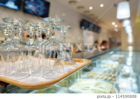 Tray of Wine Glasses on Counter Tray of Wine Glasses on Counter 114500889
