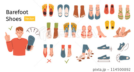 Barefoot shoes collection, man showing anatomic footwear, doodle icons of sandals, boots and sneakers, vector illustrations of minimalist shoes, cartoon character feet, thin flexible sole, infographic 114500892