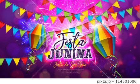 Festa Junina Illustration with Colorful Party Flags and Paper Lantern on Firework Background. Vector Brazil Traditional June Sao Joao Festival Design for Banner, Greeting Card, Invitation or Holiday Festa Junina Illustration with Colorful Party Flags and Paper Lantern on Firework Background. Vector Brazil Traditional June Sao Joao Festival Design for Banner, Greeting Card, Invitation or Holiday 114501086