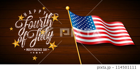 4th of July Independence Day of the USA Vector Illustration with American Flag, Gold Star and Typography Lettering on Vintage Wood Background. Fourth of July National Celebration Design with 114501111