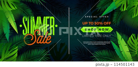 Summer Sale Design with Palm Leaces and Typography Lettering on Dark Green Background. Tropical Floral Vector Illustration with Special Offer Text Label for Coupon, Voucher, Banner, Flyer, Promotional Summer Sale Design with Palm Leaces and Typography Lettering on Dark Green Background. Tropical Floral Vector Illustration with Special Offer Text Label for Coupon, Voucher, Banner, Flyer, Promotional 114501143