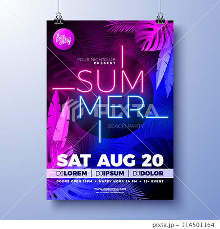 Summer Party Flyer Design Template with Glowing Neon Light on Fluorescent Tropic Leaves Background. Vector Summer Celebration Holiday Illustration for Banner, Flyer, Invitation or Celebration Poster. Summer Party Flyer Design Template with Glowing Neon Light on Fluorescent Tropic Leaves Background. Vector Summer Celebration Holiday Illustration for Banner, Flyer, Invitation or Celebration Poster. 114501164