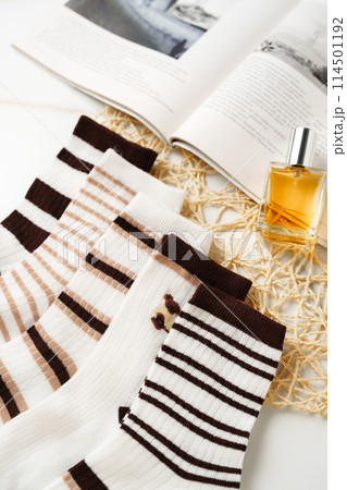Composition with stylish socks on white background 114501192