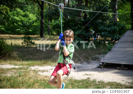 Strong excited young boy playing outdoors in rope park. Caucasian child dressed in casual clothes and sneakers at warm sunny day. Active leisure time with children concept 114501307