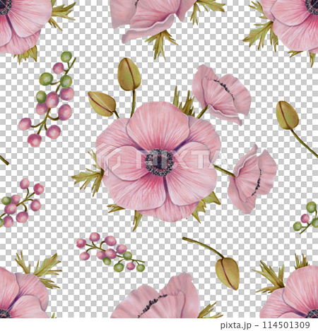 Seamless pattern with pink anemone flowers, petals and berries. Illustration with watercolor and marker. Botanical background for fabric, wrapping paper, textile, wallpaper. Hand drawn isolated art. 114501309