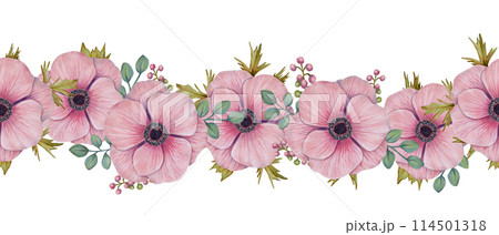 Seamless border with pink anemone flowers, petals and berries. Illustration with watercolor and marker. Hand drawn isolated art. Botanical background for wedding invitations, cards. Birthday frame. 114501318