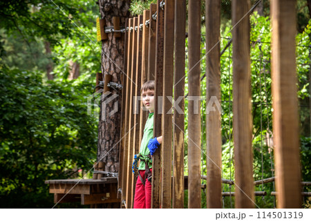 Strong excited young boy playing outdoors in rope park. Caucasian child dressed in casual clothes and sneakers at warm sunny day. Active leisure time with children concept 114501319