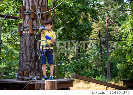 Strong excited young boy playing outdoors in rope park. Caucasian child dressed in casual clothes and sneakers at warm sunny day. Active leisure time with children concept 114501379
