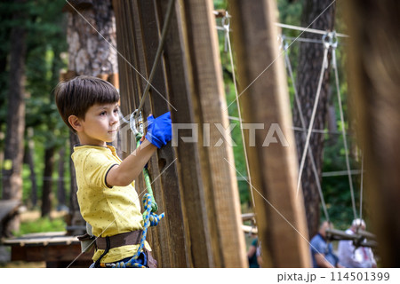 Strong excited young boy playing outdoors in rope park. Caucasian child dressed in casual clothes and sneakers at warm sunny day. Active leisure time with children concept 114501399