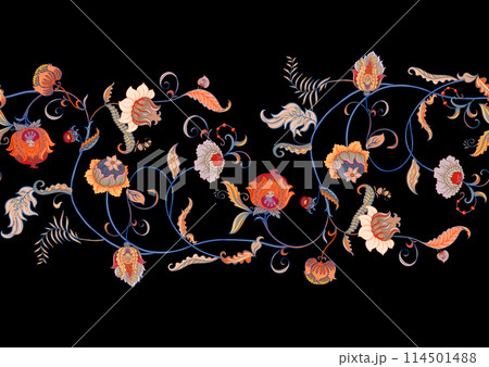 Fantasy flowers in retro, vintage, jacobean embroidery style. Fantasy flowers in retro, vintage, jacobean embroidery style. 114501488