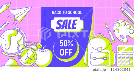 Back to school sale retro banner with discount and school supplies. Education, learning, selling concept. Vector poster for web, social media, advertising, business. Checkered background 114502041