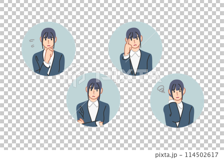 Thinking, arms folded, worried, pondering female business person, line drawing icon style 114502617