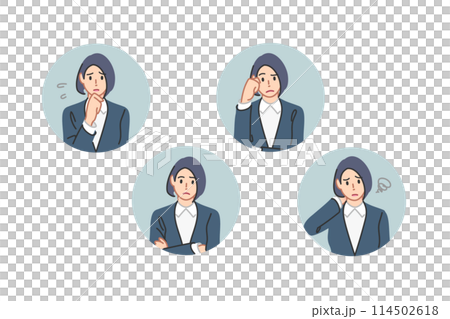 Thinking, arms folded, worried, pondering female business person, line drawing icon style 114502618