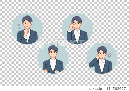 考え中、腕組み、悩み中、思案中の女性ビジネスパーソン、線画アイコン調 考え中、腕組み、悩み中、思案中の女性ビジネスパーソン、線画アイコン調 114502627