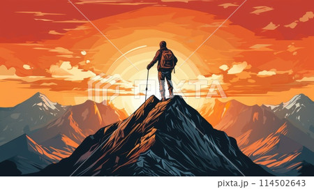 Mountain summit triumph photo realistic illustration - Generative AI. Person, mountain, top, sunset. 114502643