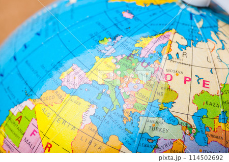 Travel destination points on a map indicated with colorful thumbtacks 114502692