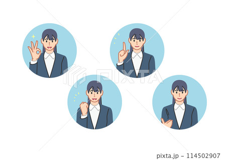 OKサイン、ガッツポーズ、指差し、提案をする女性ビジネスパーソン、線画アイコン調 114502907