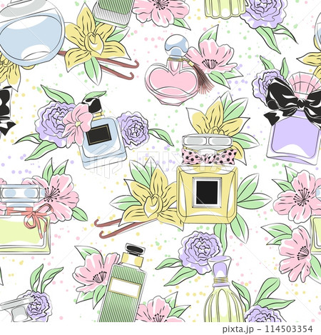 Perfume glass flasks seamless pattern. Repeated designer bottles with perfume, beauty cosmetic product, toilet water. Decor textile, wrapping, wallpaper design. Tidy vector background 114503354