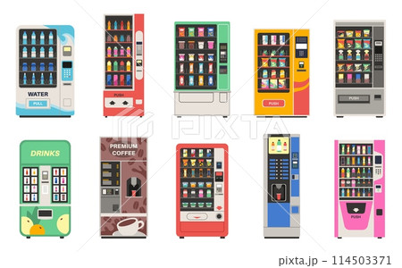 Vending snack machine. Automatic vendor for food sale, drinks, chocolates, sandwiches and chips assortment, selling service, fresh coffee and clean water cartoon flat isolated tidy vector set 114503371