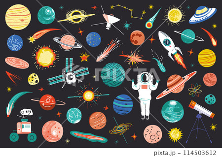 Space doodles collection, planets, stars and shuttle icons, vector illustrations of solar system, satellite and rocket, cute childish design for astronomy book, science collection, universe drawings 114503612