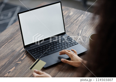 High angle view of unrecognizable woman sitting at wooden desk doing online shopping on laptop with blank screen 114503807