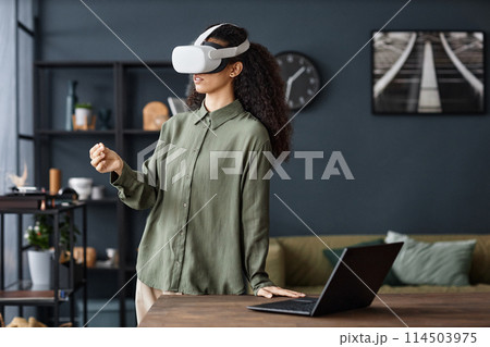 Young biracial woman wearing VR headset standing at table in living room at home surfing Internet, copy space Young biracial woman wearing VR headset standing at table in living room at home surfing Internet, copy space 114503975