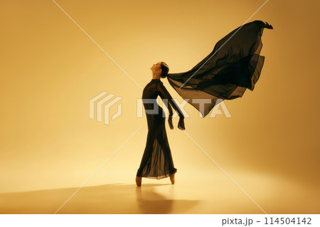 Contemporary ballet performance. Female dancer demonstrating powerful and emotional performance against yellow color background 114504142