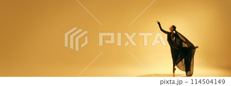 Flow and grace of dancer movements. Elegant artistic woman, ballet dancer making creative performance against sand color background 114504149