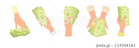 Hand Holding Money with Dollar Banknote and Coins Vector Set 114504161